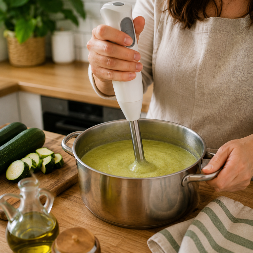 Mano de Gabi triturando crema de calabacín casera con batidora de mano