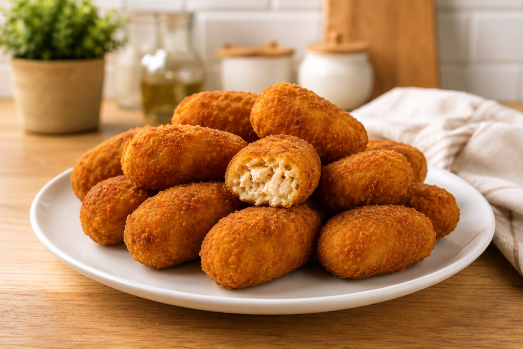 Croquetas de pollo caseras doradas y crujientes servidas en plato blanco en cocina mediterránea luminosa