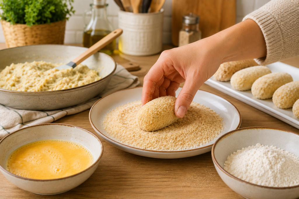 Croquetas de pollo caseras: cremosas y crujientes Mano femenina rebozando croquetas de pollo caseras en pan rallado en cocina mediterránea luminosa