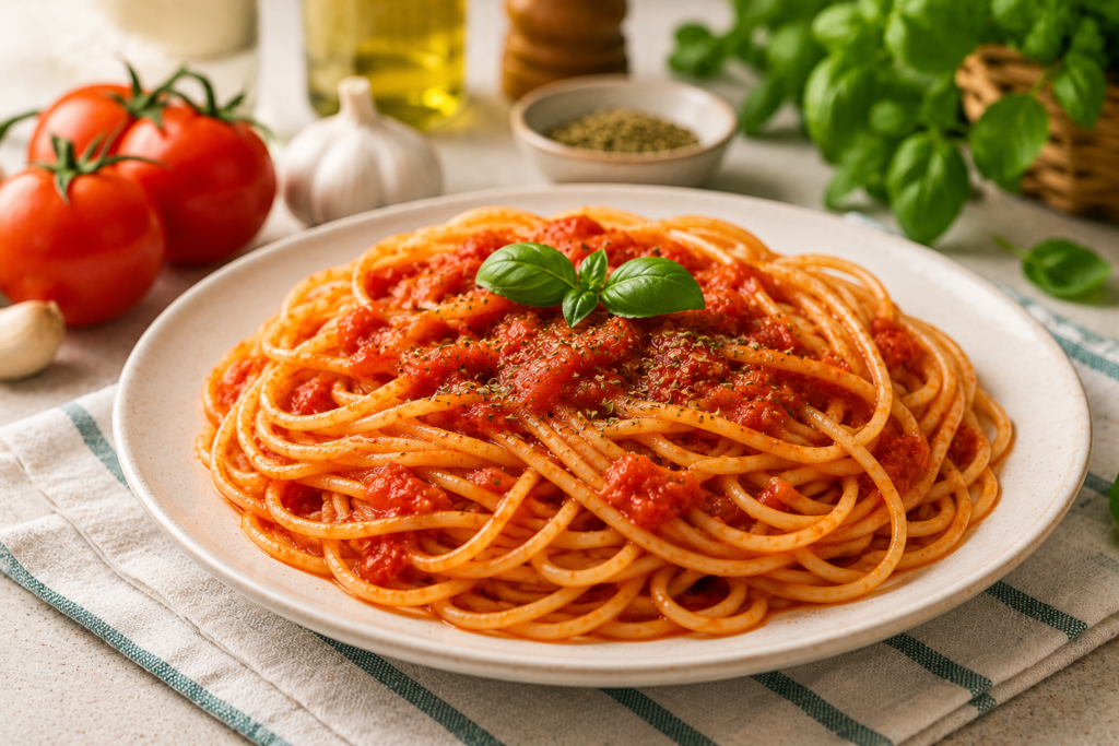 Espaguetis con tomate caseros con albahaca servidos en plato en cocina mediterránea luminosa