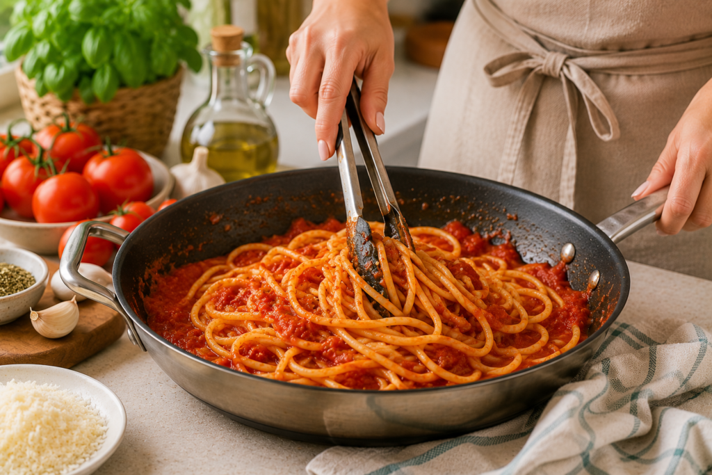 Espaguetis con tomate caseros: receta fácil y rápida Mano femenina mezclando espaguetis con salsa de tomate en sartén en cocina mediterránea luminosa