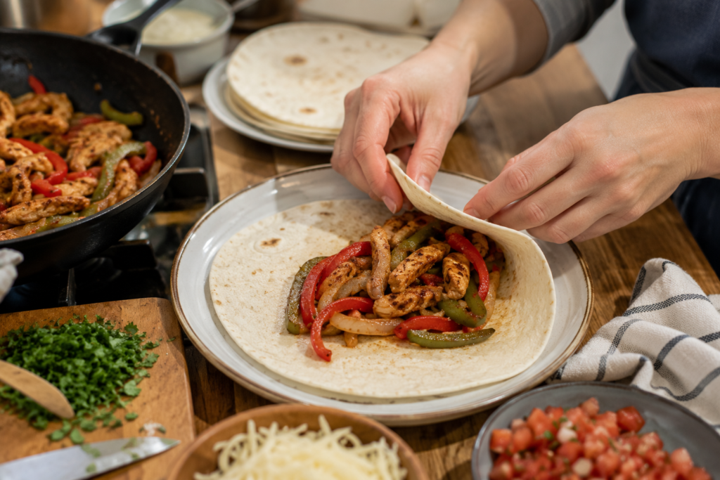 Mano preparando fajitas de pollo caseras con verduras salteadas en cocina mediterranea