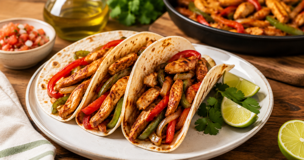 Fajitas de pollo caseras con verduras salteadas servidas en plato