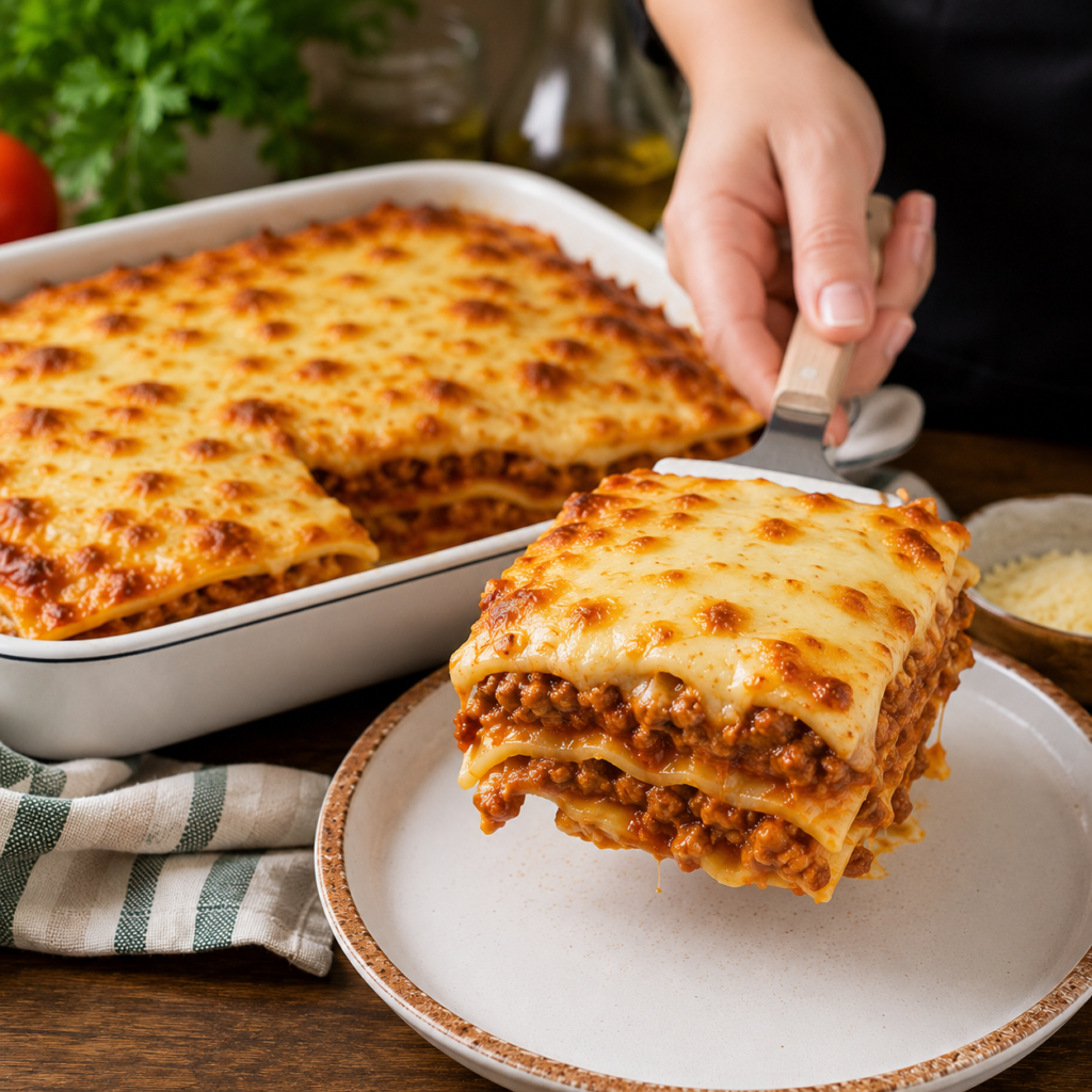 Lasaña de carne fácil y casera mano femenina sirviendo lasaña de carne casera jugosa con queso gratinado