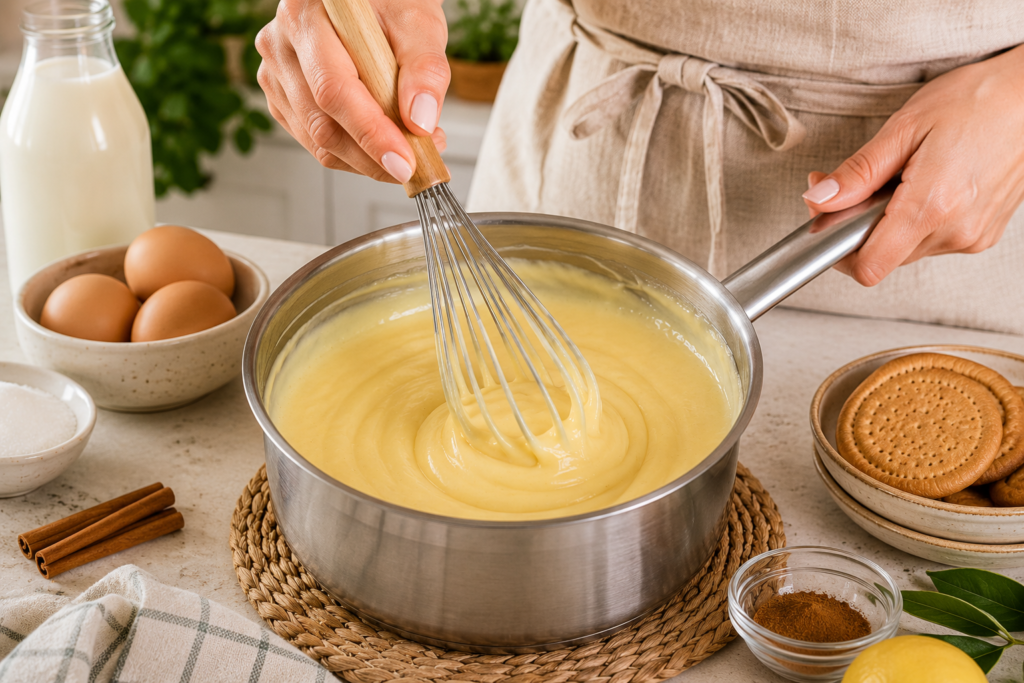 Mano femenina removiendo natillas caseras en cazo con varillas en cocina mediterránea luminosa