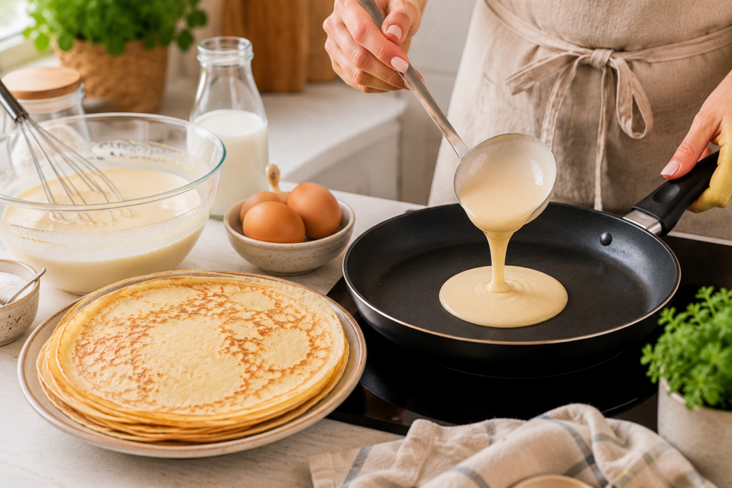 Panqueques de avena saludables: receta fácil y rápida Mano femenina vertiendo masa de panqueques en sartén en cocina mediterránea luminosa