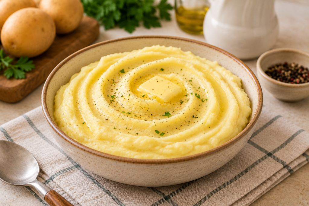 Puré de patatas casero cremoso con mantequilla en bol en cocina mediterránea luminosa