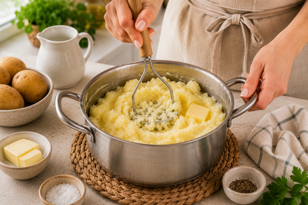 Mano femenina aplastando patatas cocidas para hacer puré casero en cocina mediterránea luminosa
