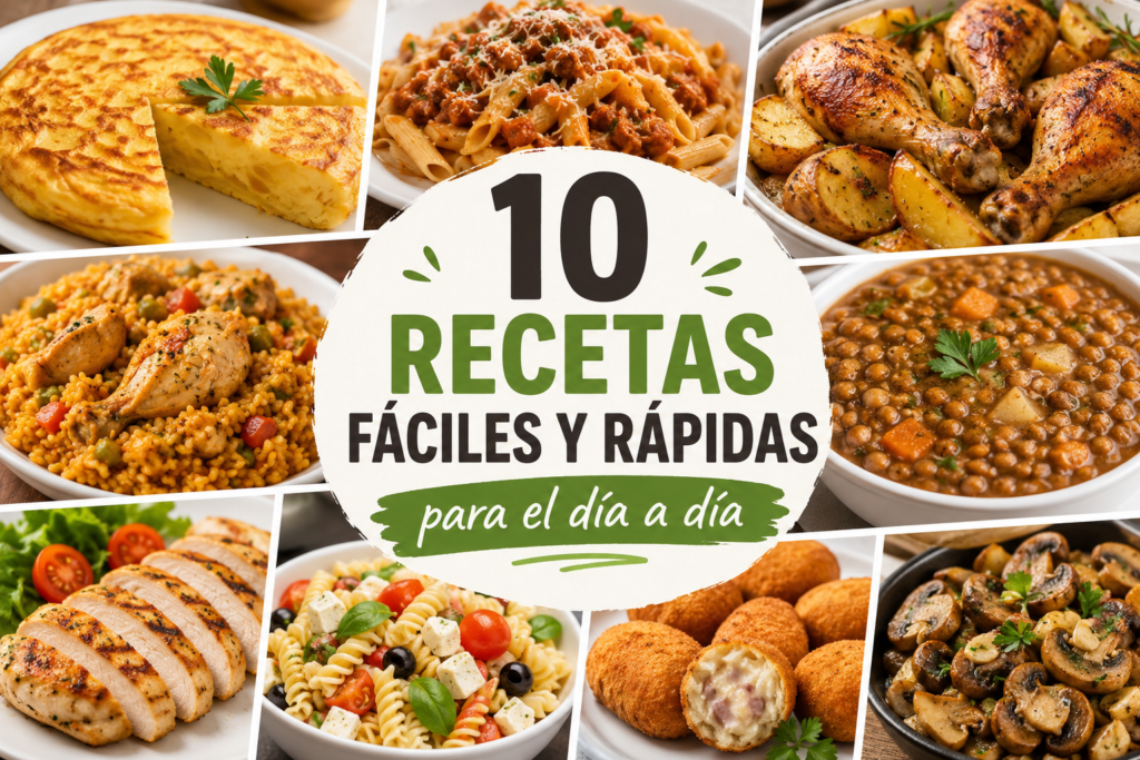 Recetas fáciles y rápidas para el día a día con platos caseros variados en cocina doméstica realista