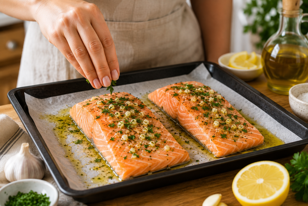 Mano femenina colocando salmón en bandeja antes de hornear en cocina mediterránea luminosa