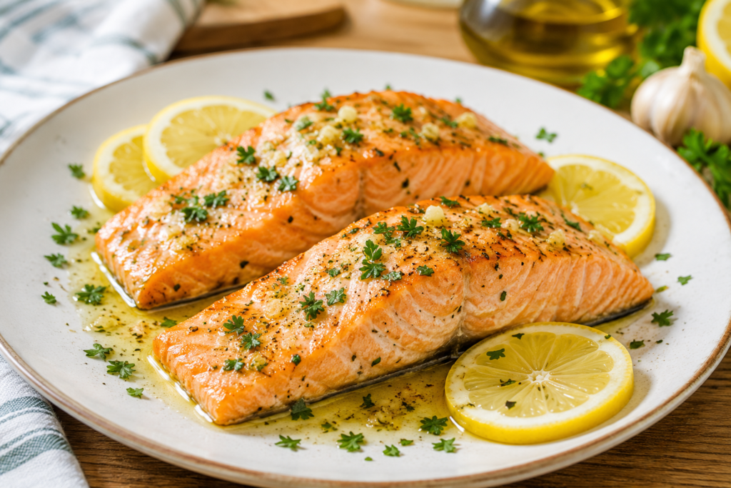 Salmón al horno jugoso con limón y perejil en cocina mediterránea luminosa