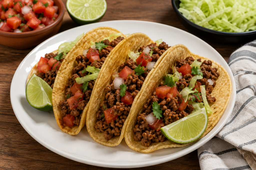 Tacos de carne caseros con verduras frescas servidos en plato