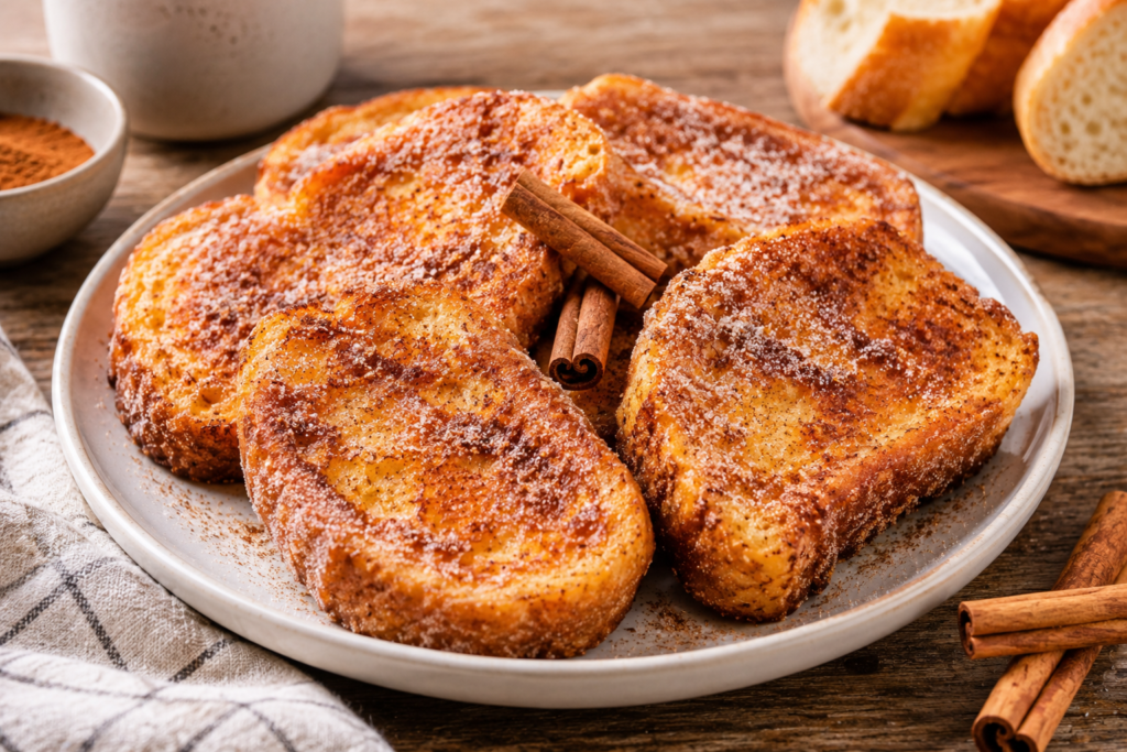Torrijas caseras tradicionales con azúcar y canela servidas en plato en cocina mediterránea luminosa