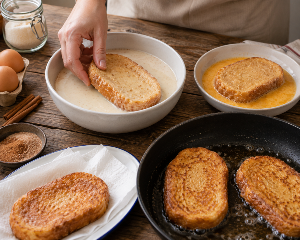Torrijas caseras fáciles: receta tradicional y jugosa Torrijas caseras en preparación con mano femenina empapando pan y friendo en cocina mediterránea luminosa